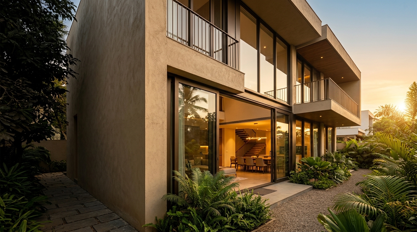 Contemporary home with large aluminium-framed windows and glass doors